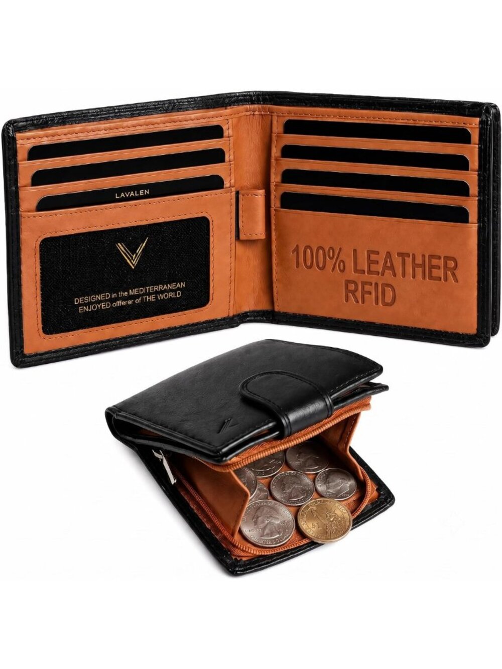Genuine Soft Leather Bifold Wallet for Men with Zipper Coin Pocket, Stylish
